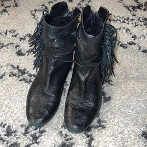 STEVEN by Steve Madden black leather fringe slip on wedge booties